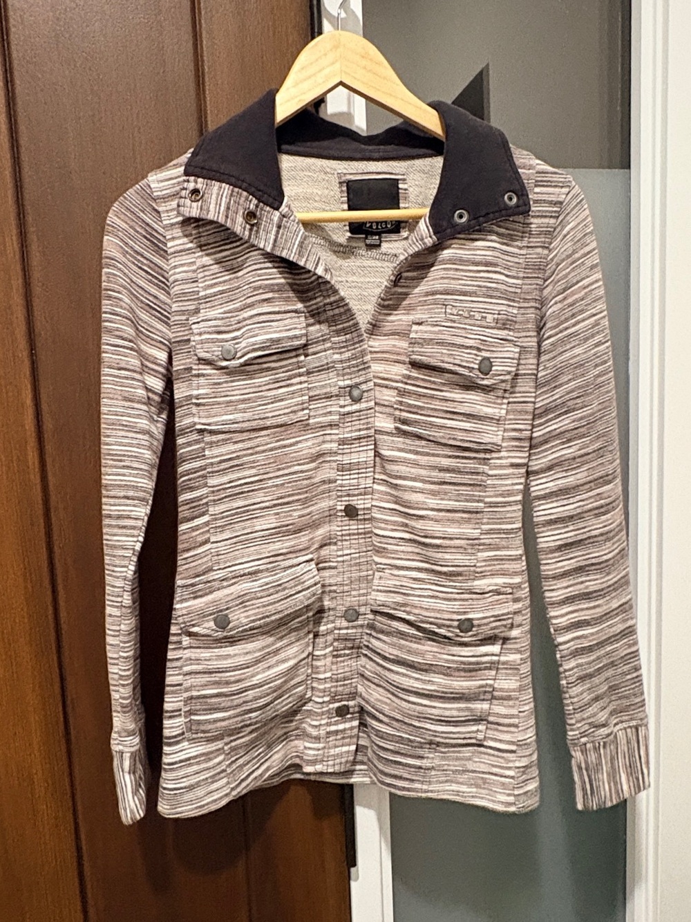 Volcom Coastline Striped Utility Knit Jacket Gray White Moto Full Snap XS